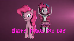 Size: 3840x2160 | Tagged: safe, artist:fazbearsparkle, imported from derpibooru, pinkie pie, earth pony, pony, equestria girls, equestria girls series, 3d, clothes, duality, grin, human ponidox, joy, jumping, looking at you, pinkie pie day, pinkie pie day 2020, self ponidox, skirt, smiling, source filmmaker