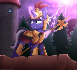 Size: 4887x4500 | Tagged: safe, artist:feital-zebra, artist:felixf, imported from derpibooru, oc, oc:procellus, pony, unicorn, armor, castle, halberd, helmet, lightning, magic, male, stallion, telekinesis, weapon