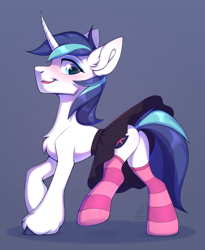 Size: 2982x3636 | Tagged: safe, artist:argigen, imported from derpibooru, shining armor, pony, unicorn, blushing, butt, chest fluff, clothes, crossdressing, ear fluff, explicit source, eyeshadow, femboy, floppy ears, horn, lipstick, looking back, makeup, male, plot, raised tail, rcf community, shieldbutt, shining femboy armor, skirt, socks, solo, stallion, striped socks, tail, unshorn fetlocks, upskirt