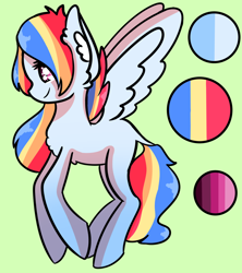 Size: 1600x1800 | Tagged: safe, artist:unikitty66, imported from derpibooru, oc, oc only, pegasus, pony, color palette, green background, offspring, parent:rainbow dash, parent:soarin', parents:soarindash, simple background, solo