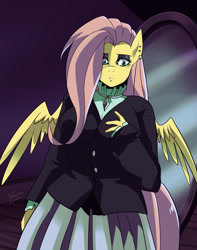 Size: 2340x2977 | Tagged: safe, artist:traupa, imported from derpibooru, fluttershy, anthro, pegasus, fake it 'til you make it, breasts, busty fluttershy, choker, clothes, ear piercing, female, fluttergoth, goth, high res, piercing, skirt, solo