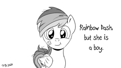 Size: 1200x675 | Tagged: safe, artist:pony-berserker, imported from derpibooru, rainbow dash, pegasus, pony, bandaid, black and white, grayscale, halftone, looking at you, monochrome, pony-berserker's twitter sketches, rainbow blitz, rule 63, simple background, solo, stippling, white background