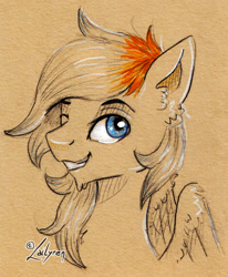 Size: 938x1140 | Tagged: safe, artist:lailyren, imported from derpibooru, oc, oc only, oc:shade flash, pegasus, pony, bust, ear fluff, folded wings, limited palette, looking at you, male, one eye closed, signature, smiling, solo, stallion, traditional art, wings, wink