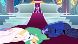 Size: 1920x1080 | Tagged: safe, imported from derpibooru, screencap, princess celestia, princess luna, twilight sparkle, alicorn, the ending of the end, floppy ears, screaming, throne, throne room, twilight sparkle (alicorn), you know for kids