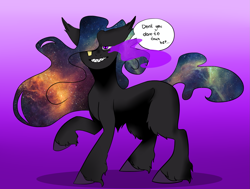 Size: 1897x1433 | Tagged: safe, artist:toptian, imported from derpibooru, oc, oc only, earth pony, pony, earth pony oc, ethereal mane, feathered fetlocks, galaxy mane, gradient background, raised hoof, solo, sombra eyes, speech bubble, talking