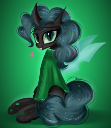 Size: 3419x3917 | Tagged: safe, artist:janelearts, imported from derpibooru, queen chrysalis, changeling, changeling queen, alternate hairstyle, clothes, cute, cutealis, fangs, female, green background, heart, open mouth, pinkie pie mane, simple background, sweater