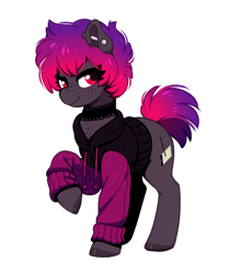 Size: 572x683 | Tagged: safe, artist:moetempura, imported from derpibooru, oc, oc only, oc:dib, earth pony, pony, choker, clothes, cutie mark, ear piercing, earth pony oc, freckles, hoodie, hooves, industrial piercing, piercing, raised hoof, simple background, solo, sweater, transparent background