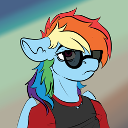 Size: 1563x1563 | Tagged: safe, artist:brainiac, derpibooru exclusive, imported from derpibooru, rainbow dash, anthro, pegasus, clothes, female, floppy ears, frown, glasses, mare, shirt, solo