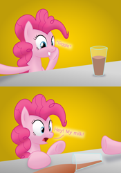 Size: 2101x3000 | Tagged: safe, artist:bladedragoon7575, imported from derpibooru, pinkie pie, earth pony, pony, cartoon physics, chocolate, chocolate milk, everything is ruined, exploitable meme, female, food, fourth wall, giggling, mare, meme, milk, pinkie being pinkie, pinkie logic, pinkie physics, pure unfiltered evil, simple background, spilled milk, surprised, xk-class end-of-the-world scenario, yellow background