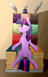 Size: 2000x3200 | Tagged: safe, artist:uteuk, imported from derpibooru, twilight sparkle, pony, unicorn, book, book throne, bookhorse, feather, ink, inkwell, sitting, solo, throne, unicorn twilight