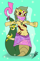 Size: 1200x1848 | Tagged: safe, artist:shappy the lamia, imported from derpibooru, oc, oc only, oc:shappy, earth pony, genie, hybrid, lamia, original species, pony, arabian pony, arabic, beautiful, belly button, belly dance, belly dancer, belly dancer outfit, bracelet, braid, clothes, cute, dancer, dancing, diamond, eye contact, fangs, front view, gem, gold, green mane, hips, jewelry, knot, lips, lipstick, looking at each other, necklace, pigtails, red eyes, scales, shantae, shiny, short mane, skirt, slit eyes, slit pupils, snake eyes, snake tail, solo, tiara, veil, yellow