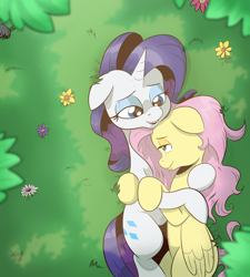 Size: 2300x2550 | Tagged: safe, artist:saturdaymorningproj, imported from derpibooru, fluttershy, rarity, pegasus, unicorn, cuddling, female, flarity, grass, lesbian, looking at each other, mare, shipping