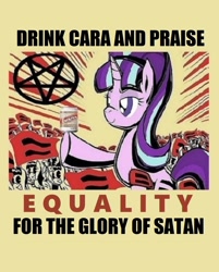 Size: 1000x1242 | Tagged: safe, artist:kocheu, imported from derpibooru, starlight glimmer, pony, unicorn, alcohol, beer, beer can, drama bait, equal cutie mark, equality, propaganda poster, satan, satanic