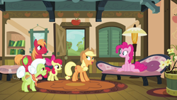 Size: 1280x720 | Tagged: safe, imported from derpibooru, screencap, apple bloom, applejack, big macintosh, granny smith, pinkie pie, earth pony, pony, pinkie apple pie, butt, female, male, mare, plot, stallion