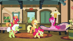 Size: 1280x720 | Tagged: safe, imported from derpibooru, screencap, apple bloom, applejack, big macintosh, granny smith, pinkie pie, earth pony, pony, pinkie apple pie, butt, excited, female, male, mare, plot, stallion