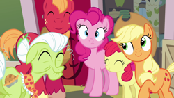 Size: 1280x720 | Tagged: safe, imported from derpibooru, screencap, apple bloom, applejack, big macintosh, granny smith, pinkie pie, earth pony, pony, pinkie apple pie, female, male, mare, stallion