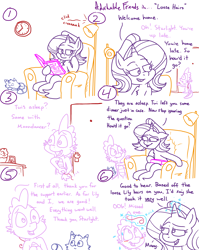 Size: 4779x6013 | Tagged: safe, artist:adorkabletwilightandfriends, imported from derpibooru, spike, starlight glimmer, oc, oc:pinenut, cat, dragon, pony, unicorn, comic:adorkable twilight and friends, adorkable, adorkable friends, blushing, book, caught, caught red hooved, comic, conversation, cute, dork, friendship, glowing horn, hair, horn, humor, late, magic, mane, night, reading, sitting, slice of life, telekinesis, thankful