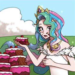 Size: 616x616 | Tagged: safe, artist:ilacavgbmjc, imported from derpibooru, kotobukiya, princess celestia, equestria girls, ponyville confidential, cake, cakelestia, cloud, crown, eating, equestria girls interpretation, food, jewelry, kotobukiya princess celestia, messy eating, necklace, regalia, scene interpretation, sleeveless, solo, this will end in weight gain