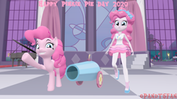 Size: 3840x2160 | Tagged: safe, artist:optimussparkle, imported from derpibooru, pinkie pie, earth pony, human, pony, equestria girls, equestria girls series, 3d, geode of sugar bombs, grin, happy, human ponidox, looking at you, magical geodes, party cannon, pinkie pie day, pinkie pie day 2020, self ponidox, smiling, source filmmaker