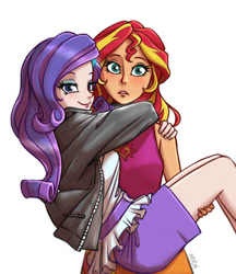 Size: 830x959 | Tagged: safe, artist:ilacavgbmjc, imported from derpibooru, kotobukiya, rarity, sunset shimmer, equestria girls, bridal carry, carrying, clothes, duo, female, jacket, kotobukiya rarity, kotobukiya sunset shimmer, lesbian, miniskirt, pale skin, shipping, skirt, sleeveless, sunsarity, tan skin