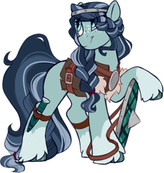 Size: 1090x1149 | Tagged: safe, artist:crimmharmony, imported from derpibooru, oc, oc only, oc:eilean donon, earth pony, pony, clothes, dagger, eye clipping through hair, female, freckles, mare, shield, simple background, solo, transparent background, weapon