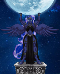 Size: 2835x3532 | Tagged: safe, artist:invisibleguy-ponyman, artist:ponymaan, imported from derpibooru, princess luna, alicorn, anthro, unguligrade anthro, abs, armpits, breasts, busty princess luna, female, full moon, goddess, holding, looking at you, mare, moon, muscles, muscular female, praise the moon, princess muscle moona, solo, spread wings, tangible heavenly object, wings