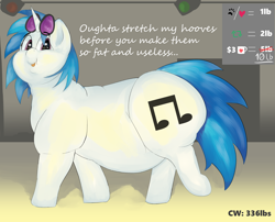 Size: 2500x2017 | Tagged: safe, artist:lupin quill, imported from derpibooru, dj pon-3, vinyl scratch, pony, unicorn, series:vinyl scratch weight gain drive, :p, belly, belly button, big belly, bingo wings, butt, chest fluff, chubby, chubby cheeks, dialogue, double chin, fat, fat fetish, female, fetish, incentive drive, large butt, looking at you, lying down, mare, obese, plot, rolls of fat, solo, speaker, speakers, studio lights, sunglasses, talking to viewer, tongue out, vinyl fat, waddle, walking, weight gain sequence