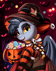 Size: 2550x3209 | Tagged: safe, artist:pridark, imported from derpibooru, part of a set, oc, oc only, oc:noveske, bat, bat pony, pony, bat pony oc, bat wings, candy, clothes, commission, costume, female, food, halloween, hat, high res, holiday, jack-o-lantern, looking at you, mare, open mouth, pumpkin, smiling, socks, solo, striped socks, wings, witch hat, ych result