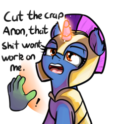 Size: 512x529 | Tagged: safe, artist:neuro, oc, oc only, oc:anon, human, pony, unicorn, annoyed, armor, boop denied, dialogue, disembodied hand, female, force field, guardsmare, hand, helmet, horn, lidded eyes, magic, mare, open mouth, royal guard, simple background, transparent background, vulgar