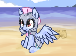 Size: 947x702 | Tagged: safe, artist:neuro, oc, oc only, crystal pony, pegasus, pony, armor, beach, crystal guard, crystal guard armor, cute, female, guardsmare, helmet, mare, ocean, royal guard, sand castle, sitting, solo, spread wings, water, wings