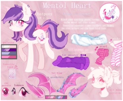 Size: 1280x1048 | Tagged: safe, artist:starrcoma, oc, oc:mentol heart, bat pony, pony, amputee, artificial wings, augmented, bow, clothes, female, mare, prosthetic limb, prosthetic wing, prosthetics, reference sheet, scarf, socks, solo, striped socks, sweater, tail bow, wings