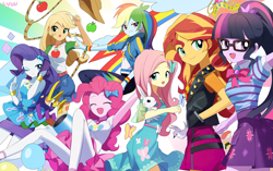 Size: 1800x1132 | Tagged: safe, artist:ryuu, angel bunny, applejack, fluttershy, pinkie pie, rainbow dash, rarity, sci-twi, sunset shimmer, twilight sparkle, bird, butterfly, equestria girls, equestria girls series, apple, balloon, big crown thingy, confetti, cute, element of magic, eyes closed, female, food, happy, humane five, humane seven, humane six, jewelry, lasso, one eye closed, open mouth, party cannon, regalia, rope, smiling