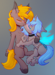 Size: 936x1264 | Tagged: safe, artist:starrcoma, oc, oc only, changeling, pony, unicorn, kissing