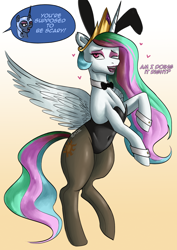 Size: 2480x3508 | Tagged: safe, artist:nire, imported from derpibooru, nightmare moon, princess celestia, princess luna, alicorn, pony, animal costume, belly button, bunny costume, bunny ears, bunny suit, bunnylestia, clothes, collar, costume, dialogue, duo, eyeliner, eyeshadow, female, floating heart, halloween, halloween costume, heart, holiday, horn, lipstick, makeup, nightmare night, one eye closed, pantyhose, pose, see-through, smiling at you, solo, spread wings, stupid sexy celestia, wings, wink, winking at you