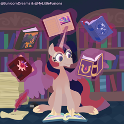 Size: 2048x2048 | Tagged: safe, artist:bunicorndreams, imported from derpibooru, moondancer, twilight sparkle, alicorn, pony, unicorn, book, bookshelf, friendship journal, fusion, glasses, levitation, magic, quill pen, reading, solo, telekinesis, twilight sparkle (alicorn)