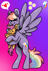 Size: 500x733 | Tagged: safe, artist:hunterartist, imported from derpibooru, cheerilee, rainbow dash, scootaloo, earth pony, pegasus, pony, cutie mark, duo, female, filly, fusion, gradient background, heart, hug, mare, multiple legs, scootalove, wings