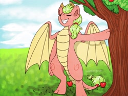 Size: 2048x1536 | Tagged: safe, artist:incendiaryboobs, artist:incendiarymoth, imported from derpibooru, applejack, spike, dragon, earth pony, hybrid, pony, apple, apple tree, bipedal, bipedal leaning, cowboy hat, dragoness, female, food, fusion, hat, leaning, mare, outdoors, signature, solo, stetson, tree