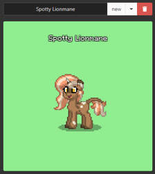 Size: 416x465 | Tagged: safe, imported from derpibooru, oc, oc:spotty lionmane, pony, unicorn, pony town, female, horn, leonine tail, open mouth, spots, two toned mane, two toned tail, unshorn fetlocks