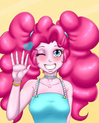 Size: 2000x2500 | Tagged: safe, artist:albertbm, imported from derpibooru, pinkie pie, equestria girls, alternate hairstyle, blushing, cute, diapinkes, female, grin, jewelry, necklace, one eye closed, pigtails, simple background, smiling, solo, twintails, yellow background