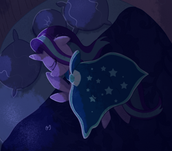 Size: 1280x1119 | Tagged: safe, artist:bearmation, artist:heavysplatter, imported from derpibooru, starlight glimmer, pony, unicorn, bed, clothes, crying, implied death, implied shipping, implied starburst, implied straight, night, robe, sad, solo, starlight wearing sunburst's robe, sunburst's cloak, sunburst's robe
