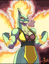 Size: 1928x2500 | Tagged: safe, alternate version, artist:droll3, imported from derpibooru, tianhuo, anthro, dragon, hybrid, longma, them's fightin' herds, bottomless, breasts, busty tianhuo, cleavage, clothes, community related, female, fire, high res, muscles, muscular female, partial nudity, solo, tianhuo (tfh)