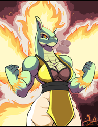 Size: 1928x2500 | Tagged: safe, artist:droll3, imported from derpibooru, tianhuo, anthro, dragon, hybrid, longma, them's fightin' herds, breasts, busty tianhuo, cleavage, clothes, community related, female, fire, high res, muscles, muscular female, pants, solo, tianhuo (tfh)