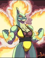 Size: 1928x2500 | Tagged: safe, alternate version, artist:droll3, imported from derpibooru, tianhuo, anthro, dragon, hybrid, longma, them's fightin' herds, breasts, busty tianhuo, cleavage, community related, female, fire, high res, muscles, solo, thighs, thunder thighs, tianhuo (tfh)
