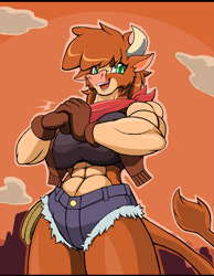 Size: 1929x2489 | Tagged: safe, artist:droll3, imported from derpibooru, arizona cow, anthro, cow, them's fightin' herds, arizona (tfh), bandana, breasts, busty arizona, busty arizona cow, clothes, community related, female, muscles, muscular female, open mouth, shorts
