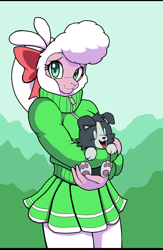 Size: 1624x2493 | Tagged: safe, artist:droll3, imported from derpibooru, pom lamb, anthro, dog, lamb, sheep, them's fightin' herds, clothes, community related, cute, female, fur, happy, high res, holding a dog, open mouth, pom (tfh), puppy, skirt, solo, sweater