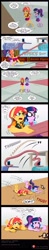 Size: 900x4554 | Tagged: safe, artist:niban-destikim, imported from derpibooru, sci-twi, sunset shimmer, twilight sparkle, human, comic:the shrinking project, equestria girls, airborne, barefoot, barefooting, book, comic, comic strip, commission, dialogue, feet, landing, looking up, micro, rubber band, screaming, speech bubble, table, thud, thumb tacks, together, word balloon