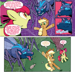 Size: 1084x1046 | Tagged: safe, artist:caseywcoller, edit, idw, imported from derpibooru, apple bloom, applejack, earth pony, fly, fly-der, hybrid, insect, pony, spider, wolf, wolf fly-der, spoiler:comic, spoiler:comic85, comic, female, mare, nodding, text edit