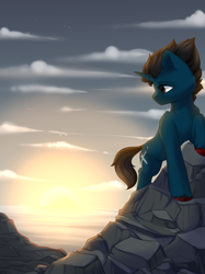 Size: 2048x2732 | Tagged: safe, artist:alphadesu, imported from derpibooru, oc, oc only, oc:slashing prices, pony, unicorn, cliff, climbing, cloud, cutie mark, dawn, looking back, male, ocean, scenery, sky, solo, stallion, sun, sunrise, unshorn fetlocks