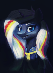 Size: 3288x4500 | Tagged: safe, artist:terrafomer, imported from derpibooru, oc, oc only, oc:velvet remedy, pony, unicorn, fallout equestria, bust, clothes, fanfic, fanfic art, female, horn, jumpsuit, mare, portrait, solo, vault suit