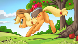 Size: 1920x1080 | Tagged: safe, artist:mysticalpha, imported from derpibooru, applejack, earth pony, pony, apple, applebutt, barrel, basket, butt, cowboy hat, featureless crotch, female, food, fruit, grass, hat, mare, plot, running, solo, stetson, tree